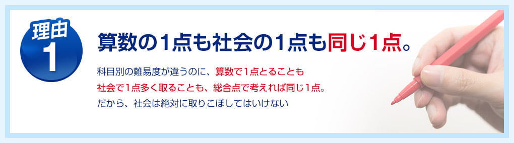理由1：算数の1点も社会の1点も同じ1点。科目別の難易度が違うのに、算数で1点とることも社会で1点多く取ることも、総合点で考えれば同じ1点。だから、社会は絶対に取りこぼしてはいけない